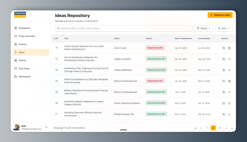 The Photon Legal workspace analyzing a patent idea, with prior-art retrieval and a novelty score in progress.