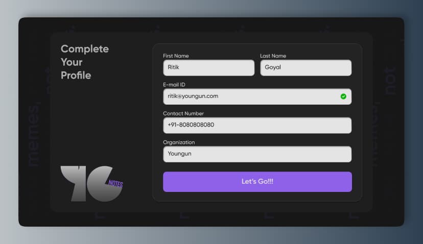 The Youngun onboarding screen, completing a profile before entering the content platform.
