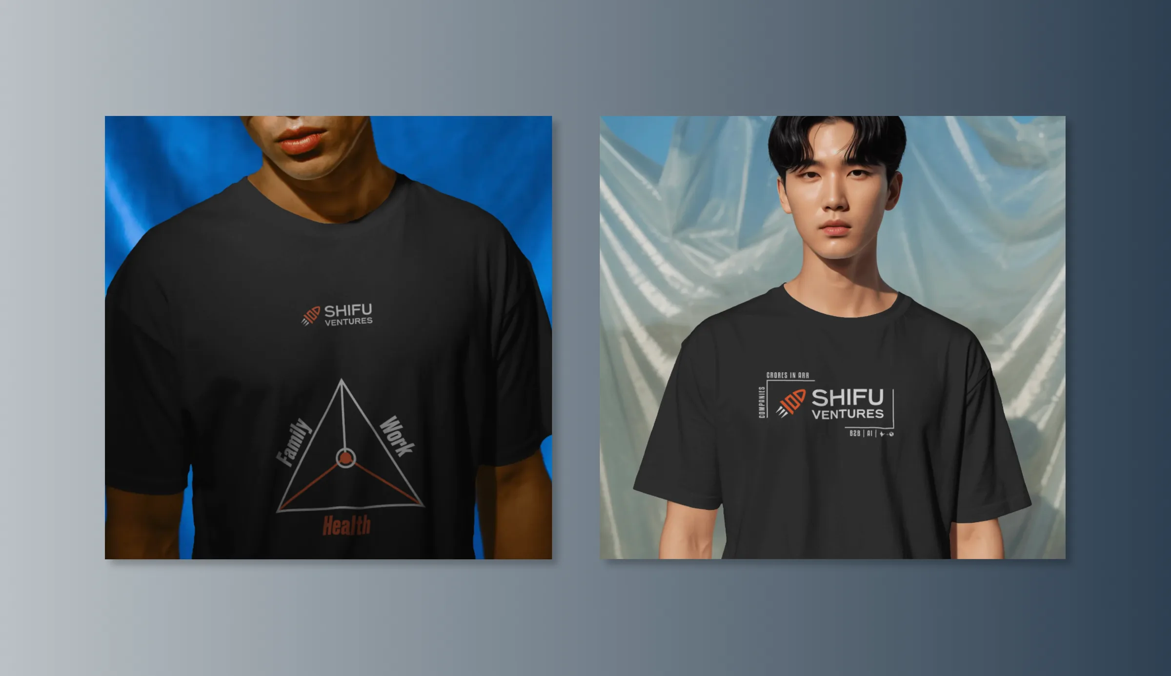 Shifu Ventures merchandise: the family/work/health triangle tee and the logo lockup tee.