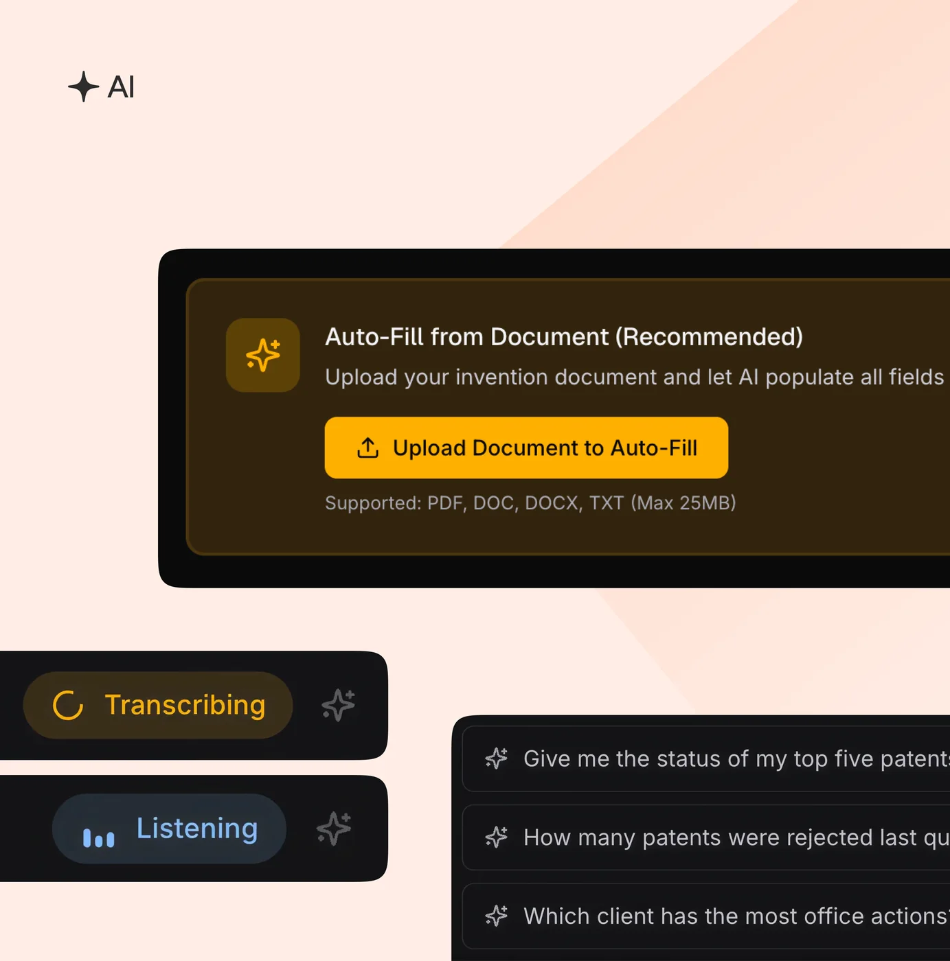 The AI intake: auto-fill from an uploaded document, with voice transcription and suggested questions.