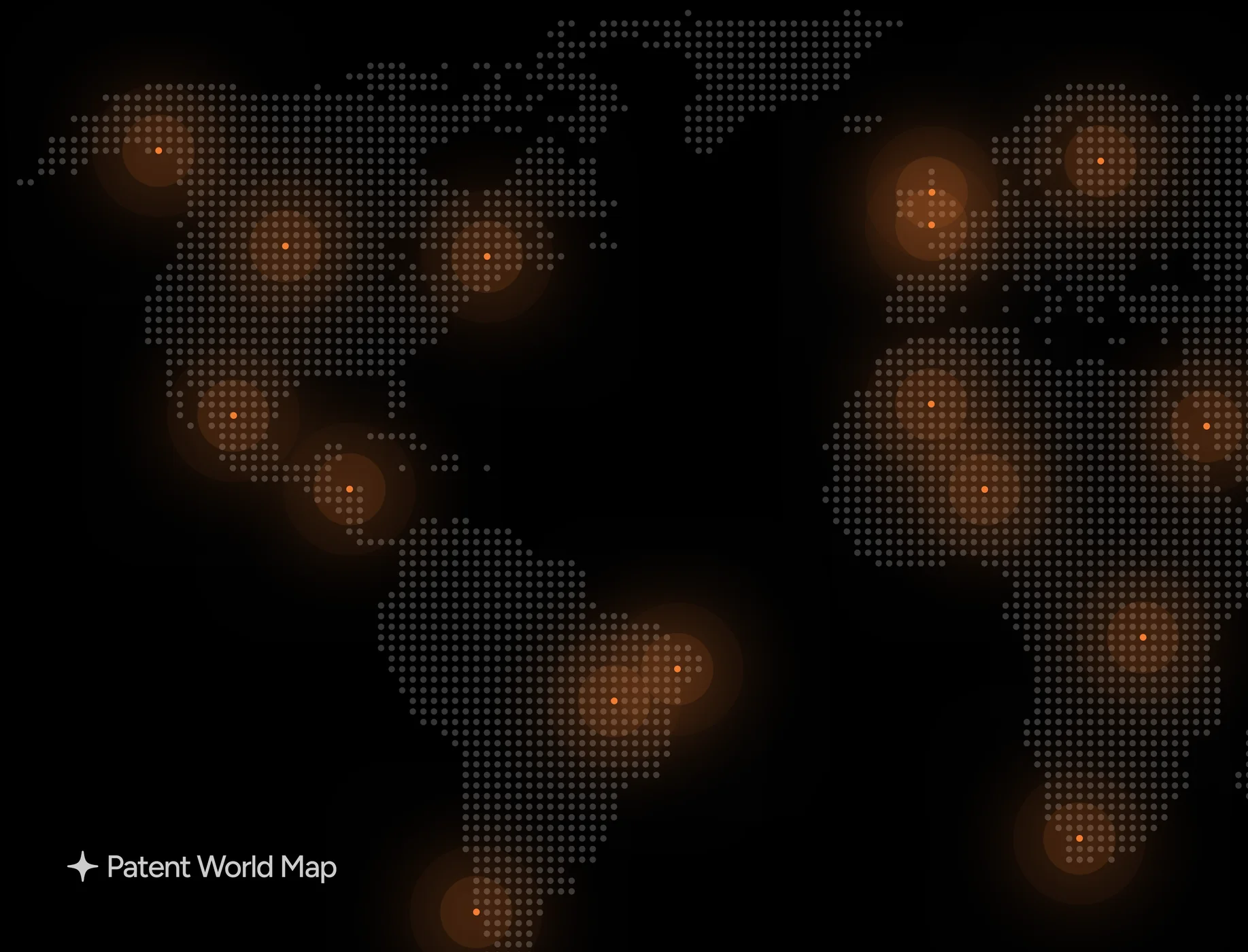 The patent world map, a dotted globe with filing hotspots glowing orange.