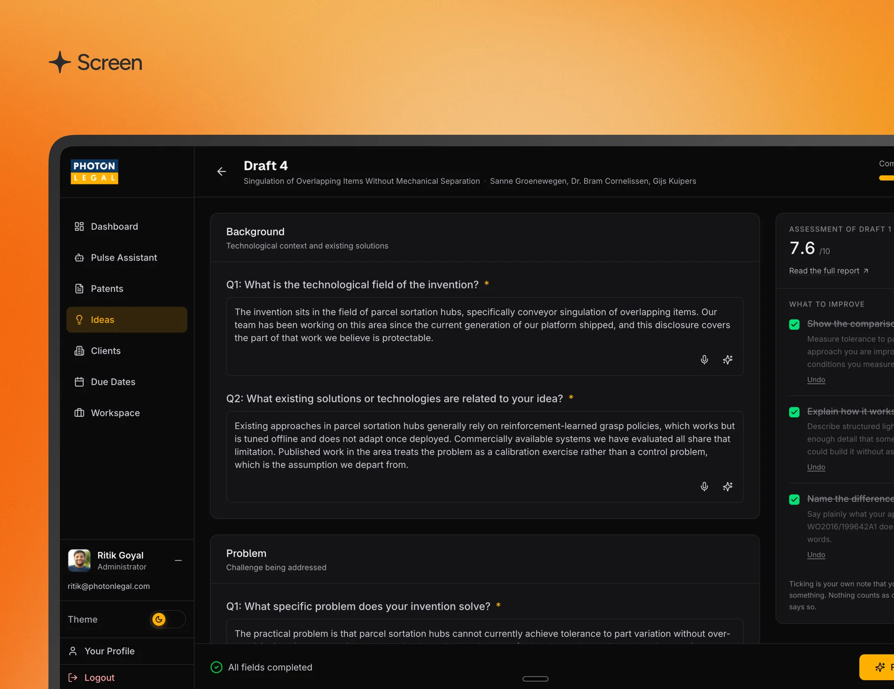 The Photon Pulse draft screen: structured disclosure questions beside an AI assessment scored 7.6 out of 10.