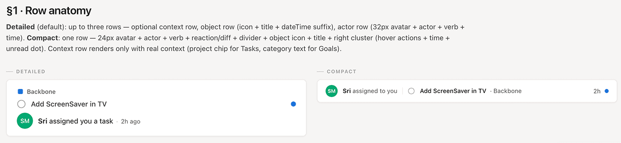 Row anatomy: the detailed row (context row, object row, actor row) beside the compact one-line row.