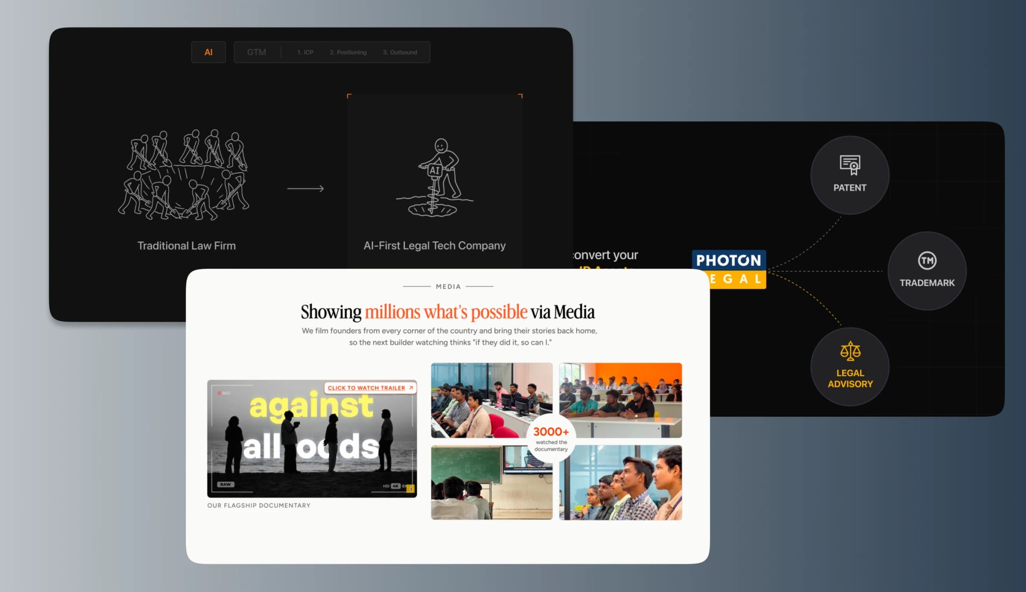 A deck spread: traditional law firm reframed as an AI-first legal tech company, beside the media and documentary work.