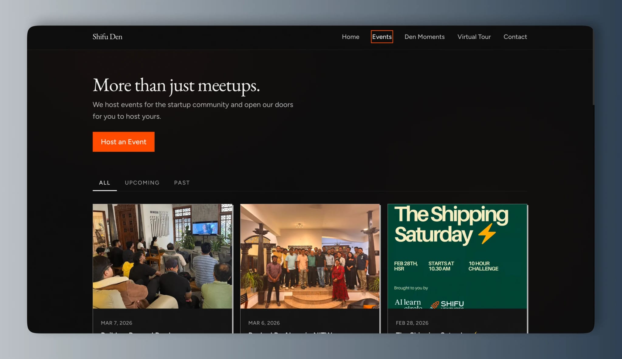 Shifu Den events page, listing past and upcoming community events at the office.
