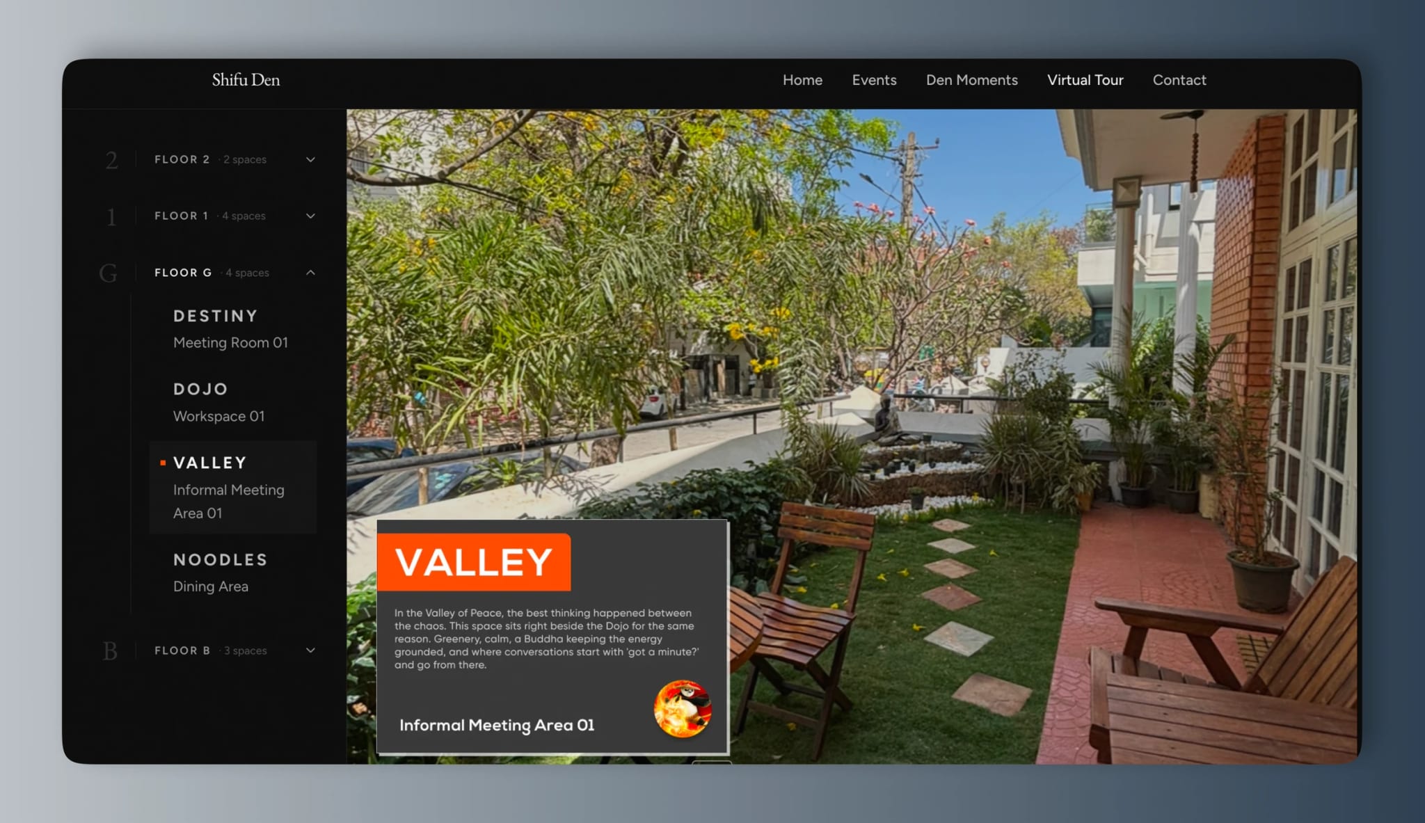 Shifu Den virtual tour: the Valley informal meeting area, with the floor and room picker alongside.