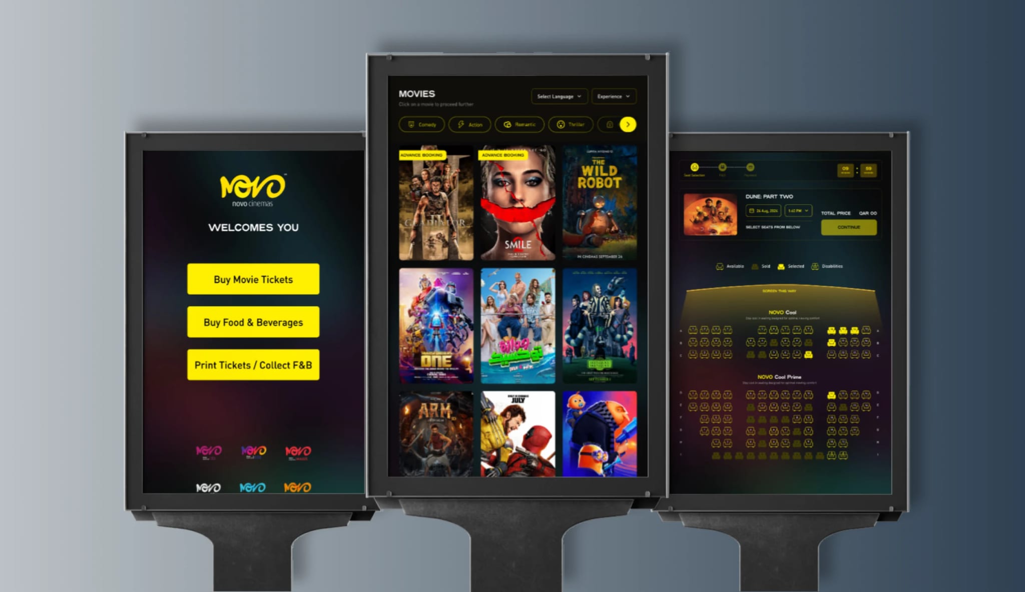 Three Novo Cinemas kiosk screens: the welcome screen, the film grid and the seat map.