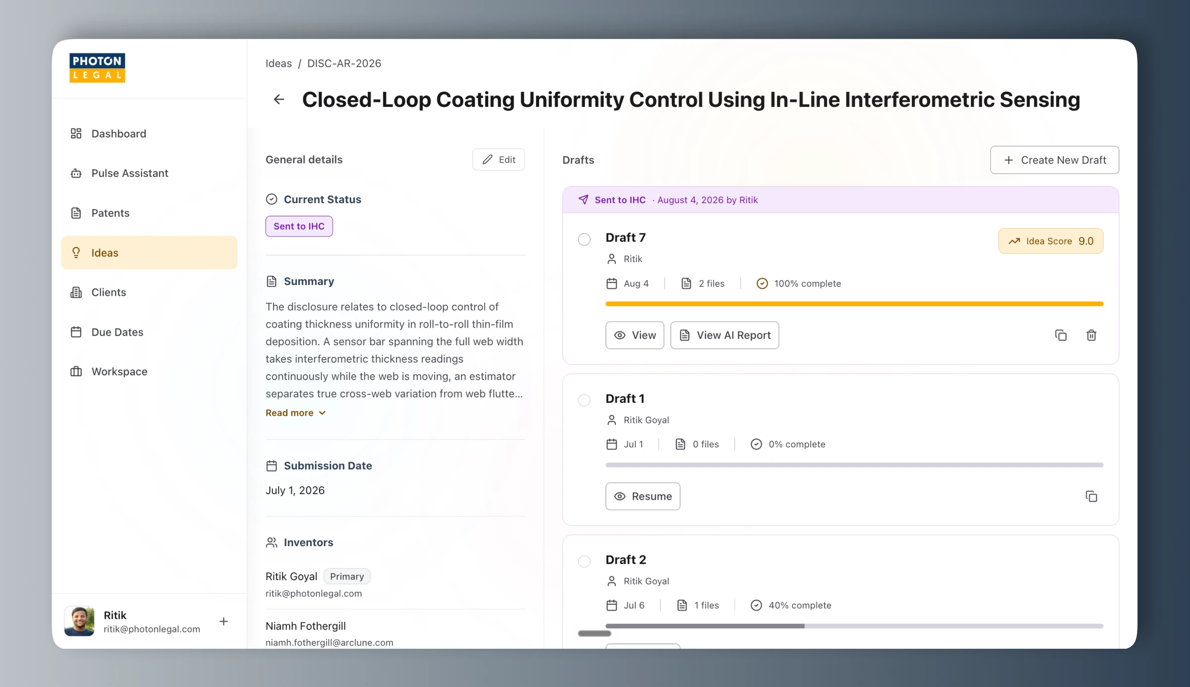 Photon Legal: a disclosure with its drafts, each scored and tracked to completion.