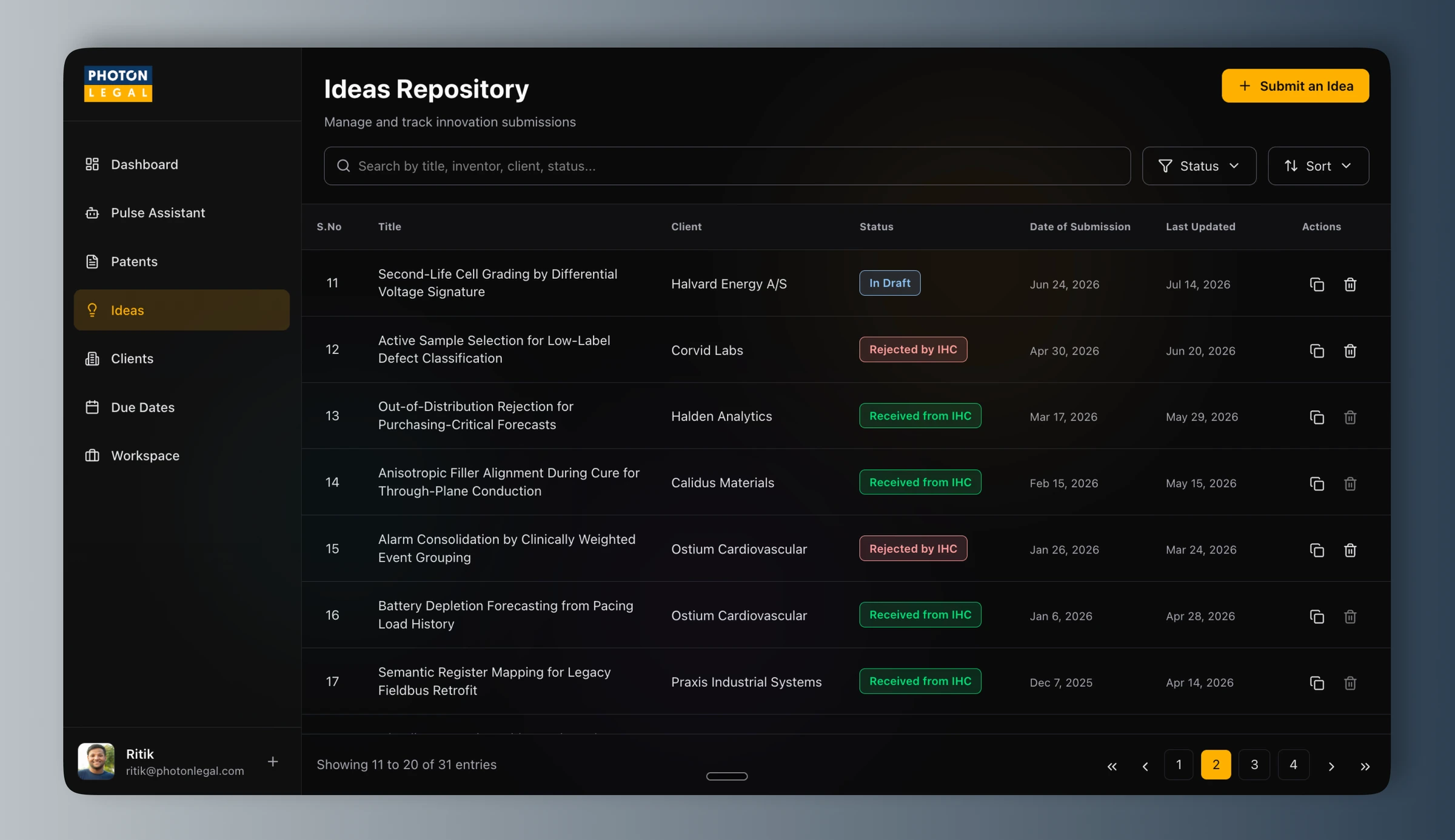 Photon Legal ideas repository in its dark theme, with statuses per client.