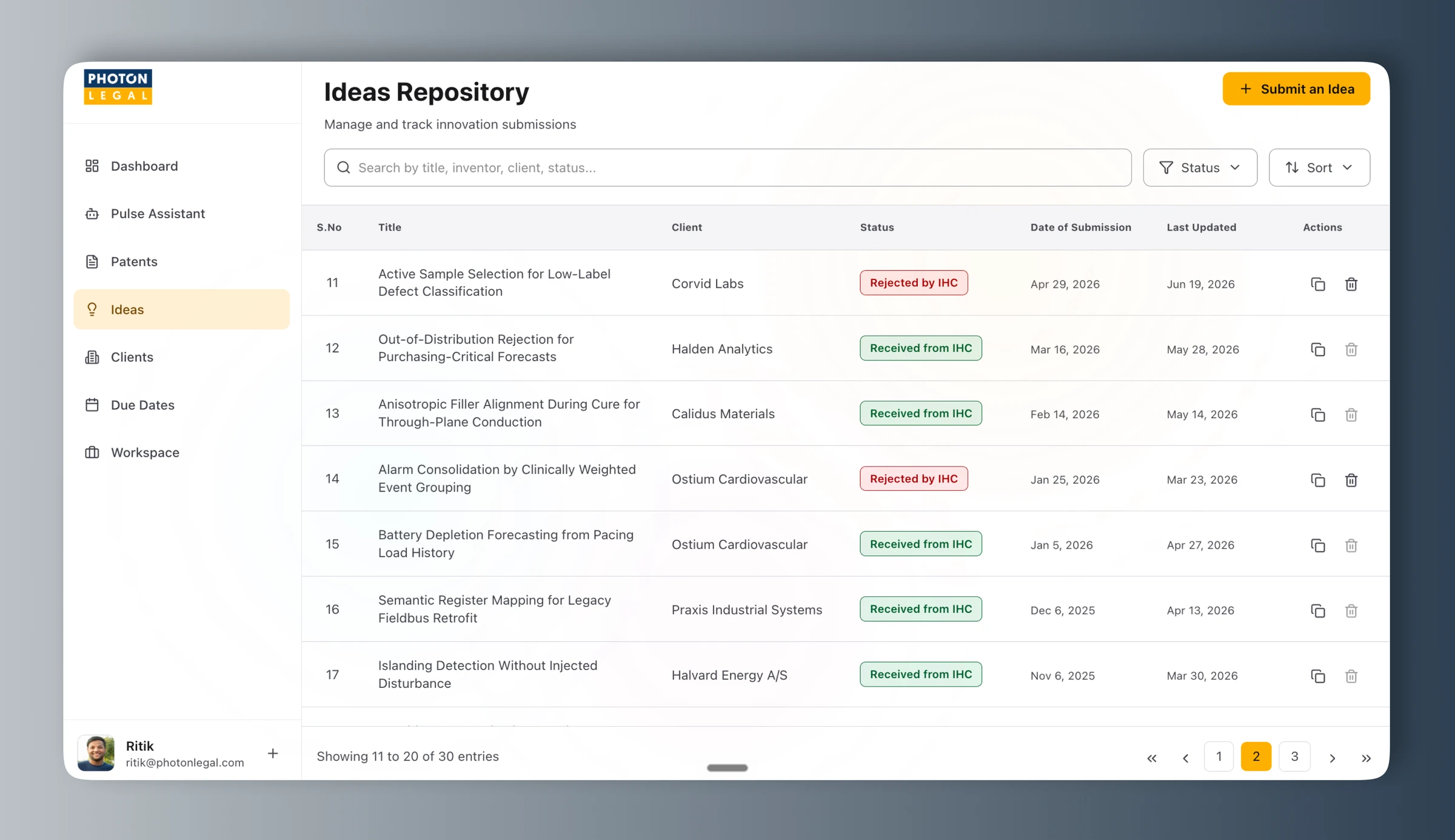 Photon Legal ideas repository: submissions with client, status and dates.
