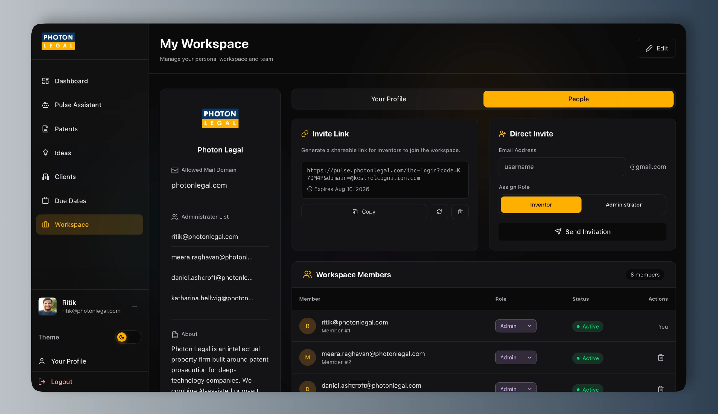 Photon Legal workspace settings: profile, invite links and workspace members.