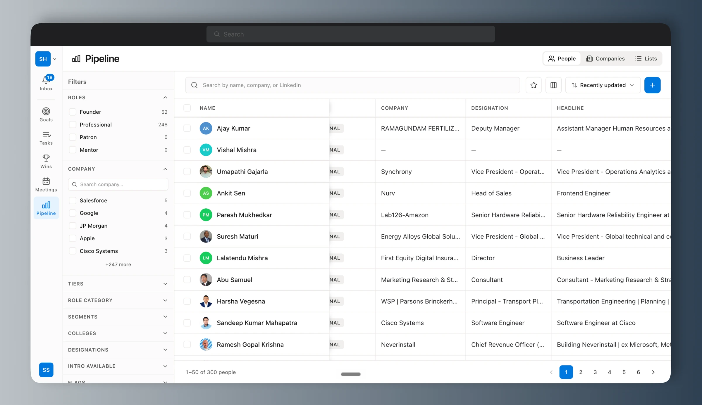 Sana pipeline: a filterable people database with roles, companies and designations.