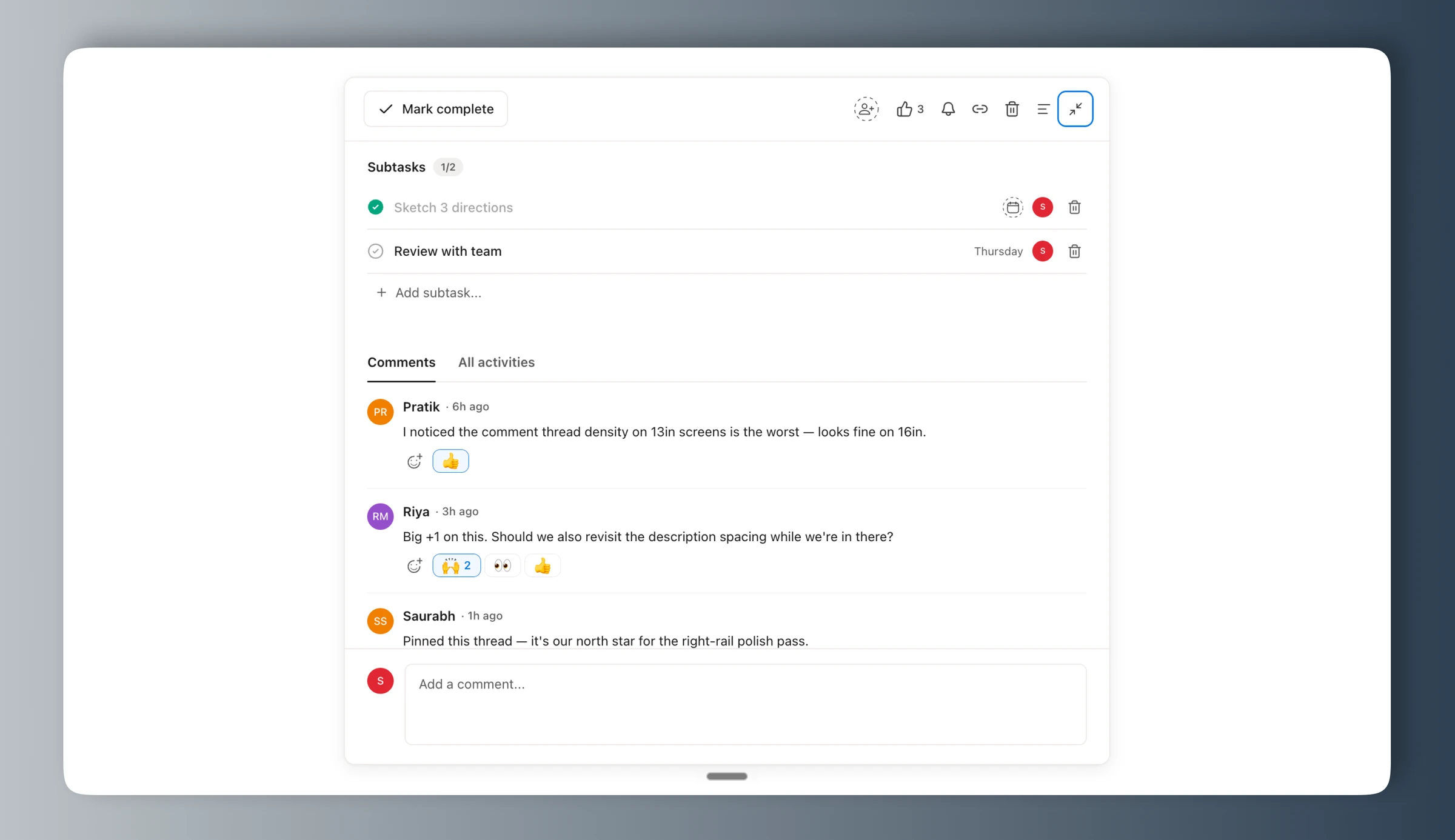 Sana task detail: subtasks, comments and reactions on one piece of work.