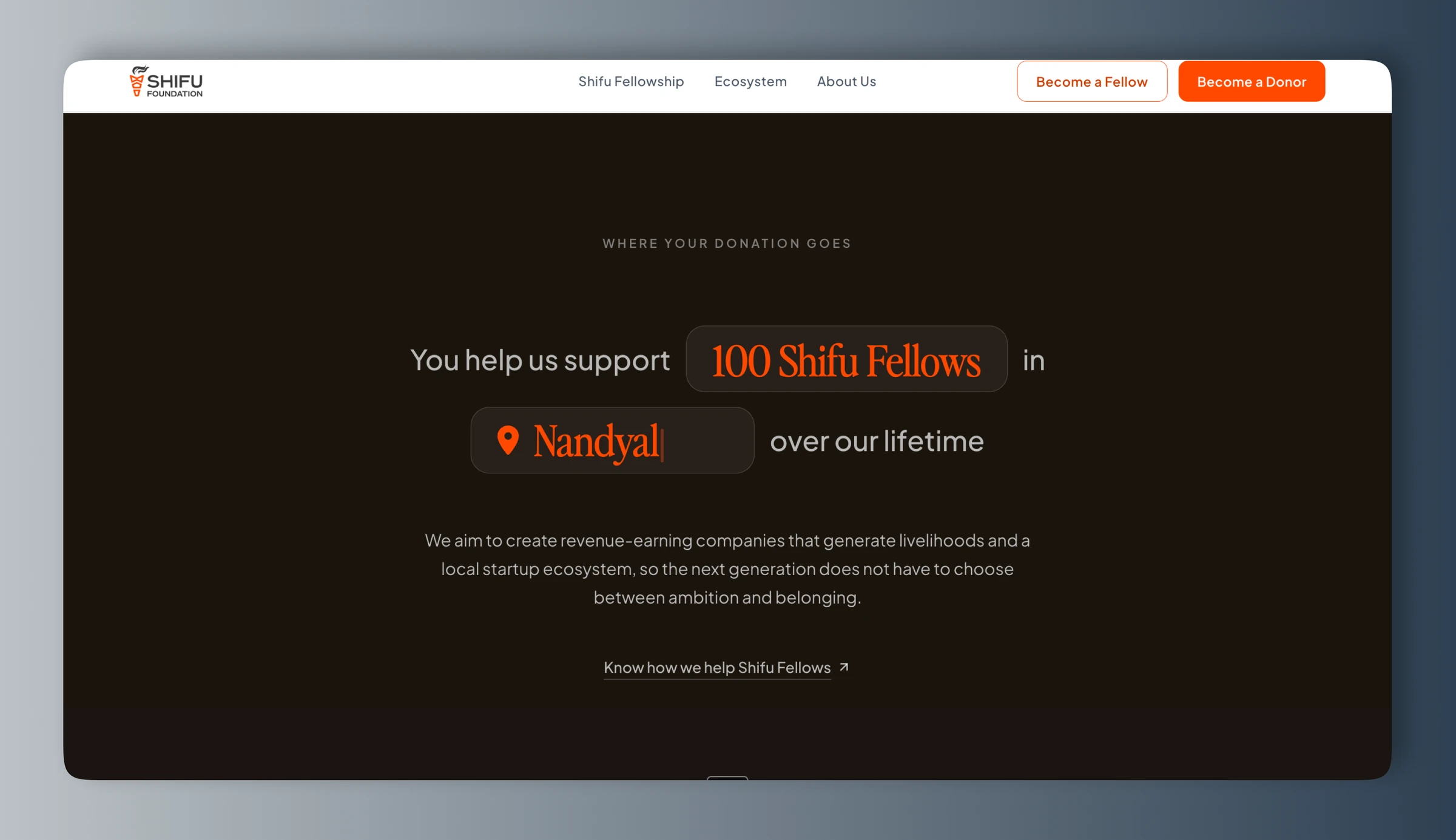 Shifu Foundation: where a donation goes, supporting 100 fellows in a named district.