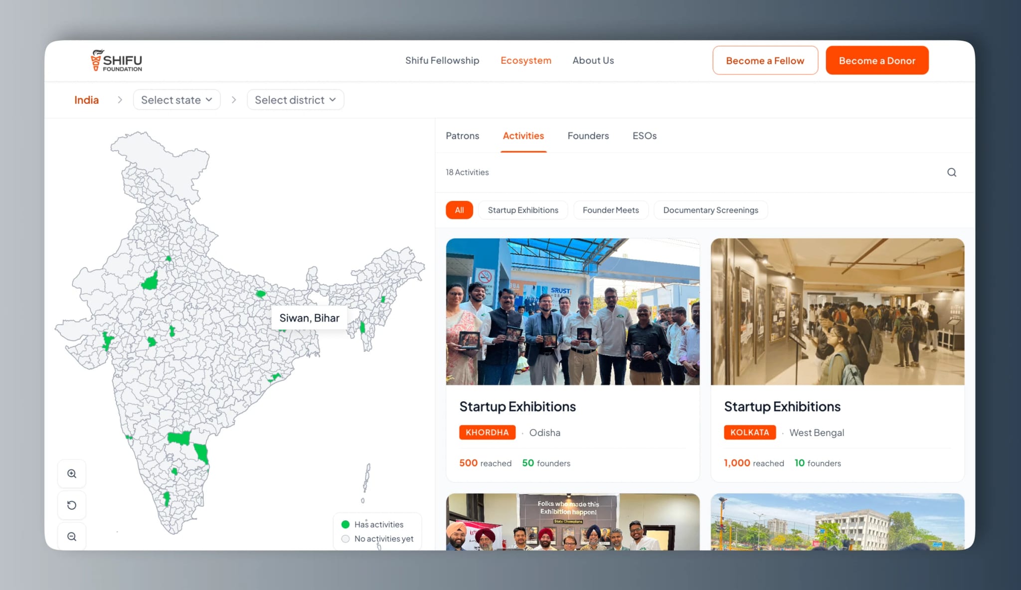 Shifu Foundation ecosystem map of India, filtered to activities, with startup exhibitions listed beside it.