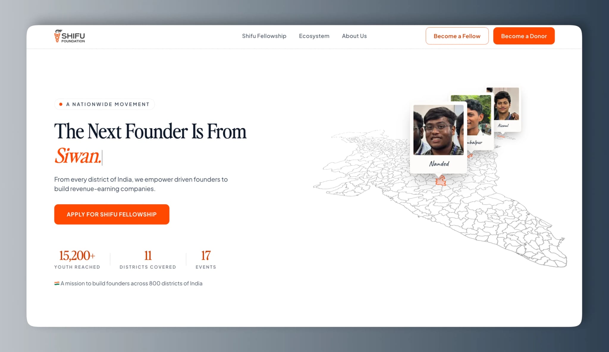 Shifu Foundation homepage: the next founder is from Siwan, beside a map of India with founder portraits.