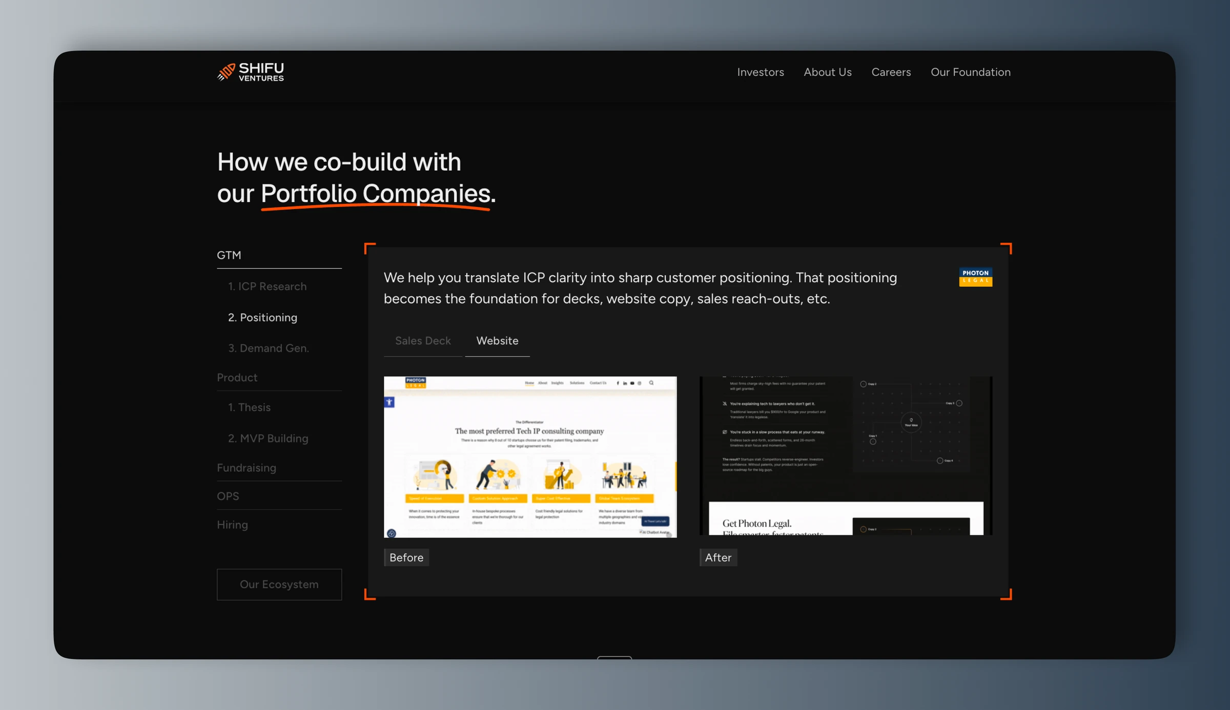 Shifu Ventures: how the studio co-builds with portfolio companies, showing a website before and after.