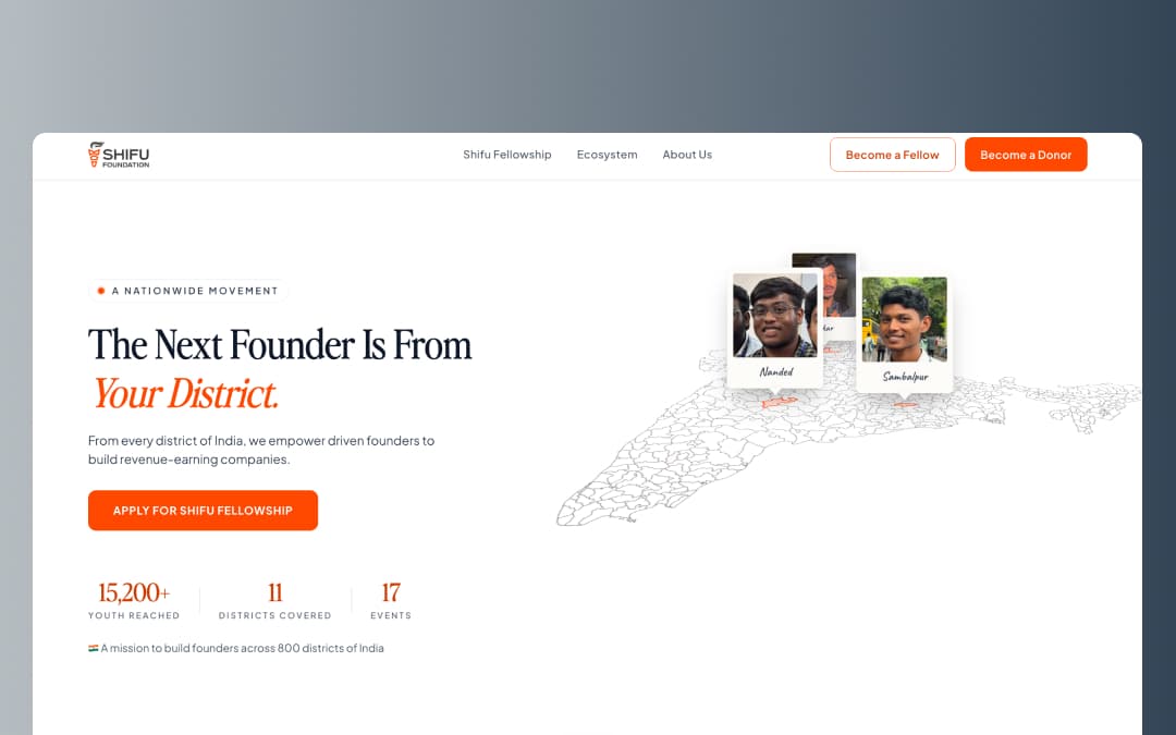 The Shifu Foundation homepage, with its map of India and district founder portraits.