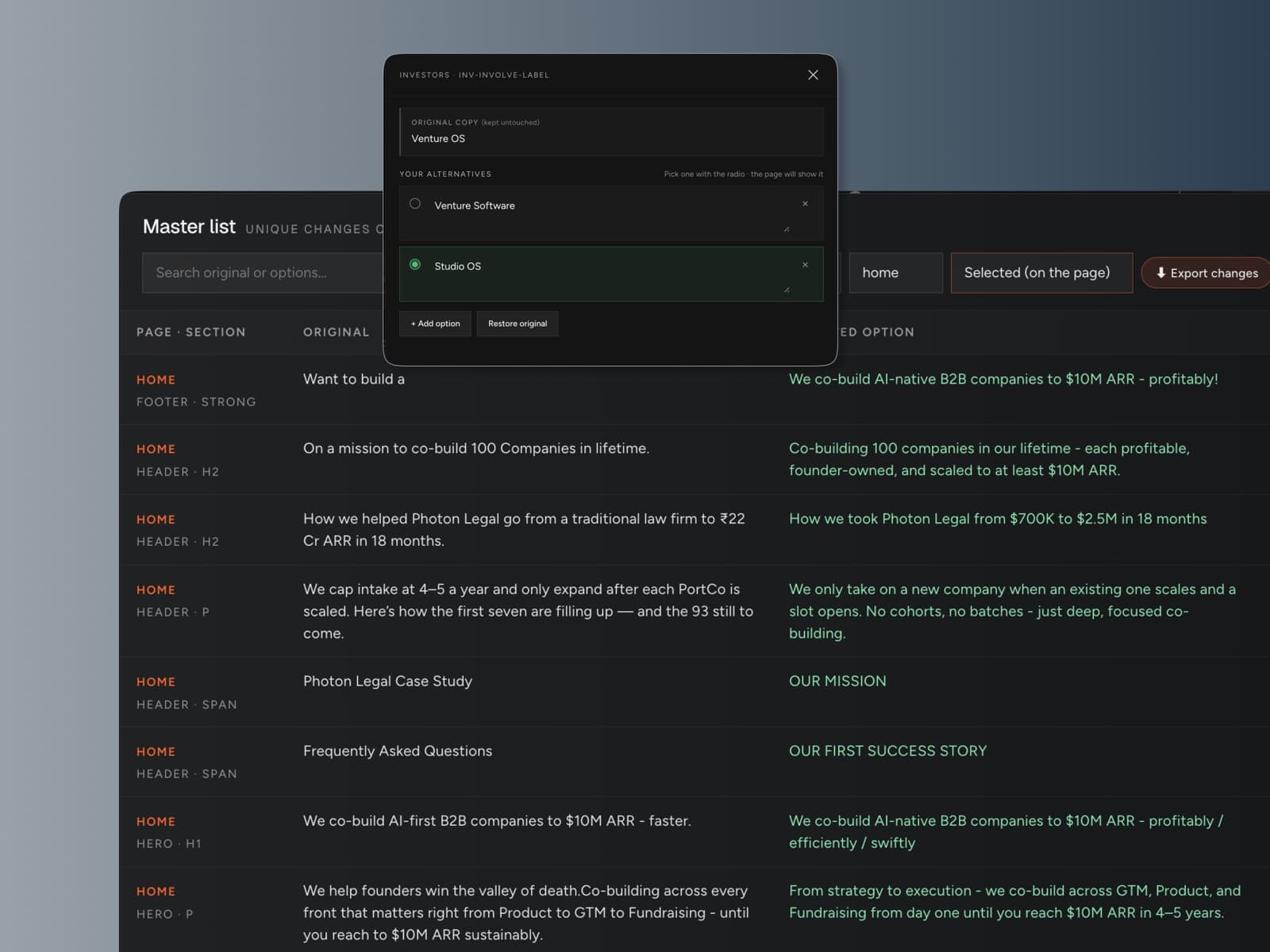 The copy agent with a text element open and copy options being tried on the live site.